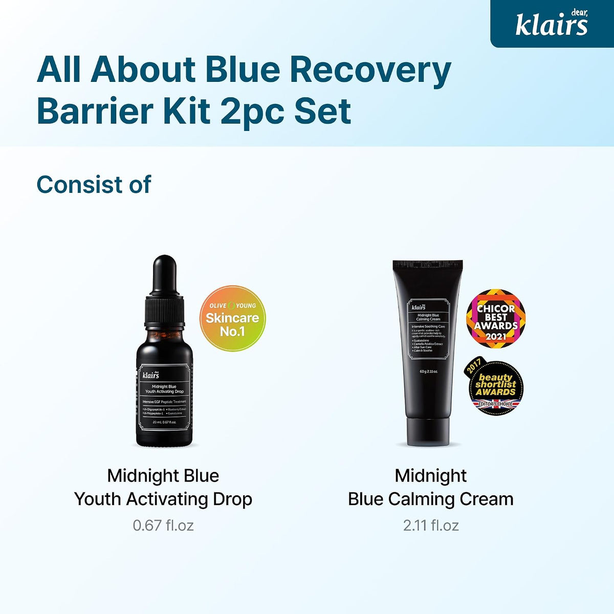 Lightweight blue texture of DearKlairs calming cream for sensitive skin.