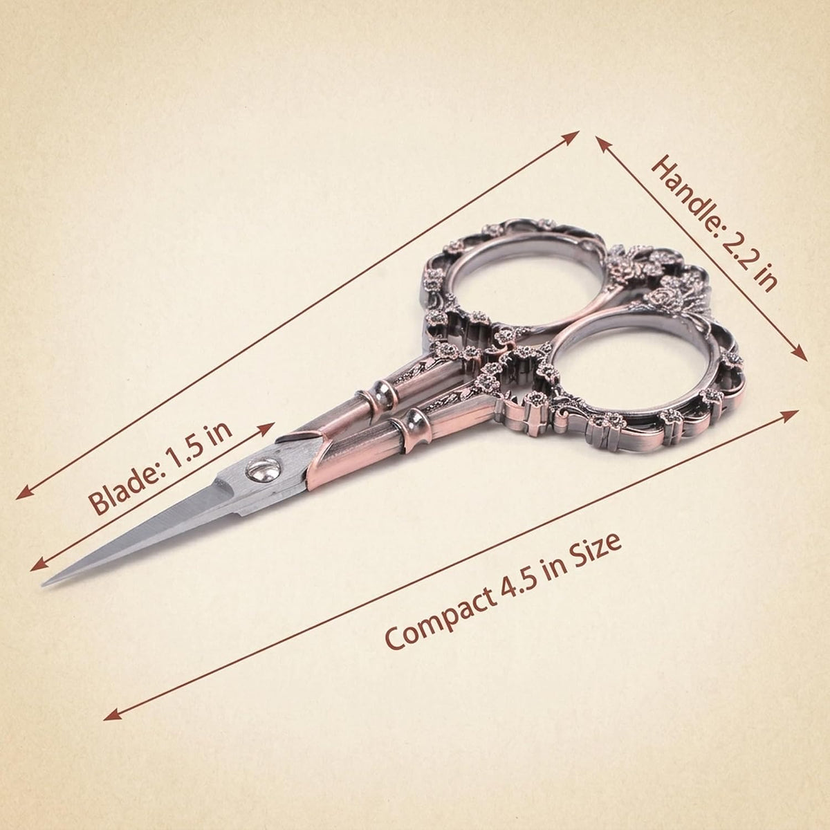 BIHRTC copper finish needlework scissors angled display