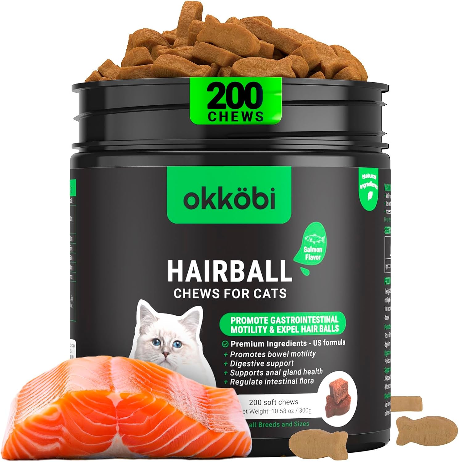 OKKÖBI Cat Hairball Remedy Treats 200 chews container front view