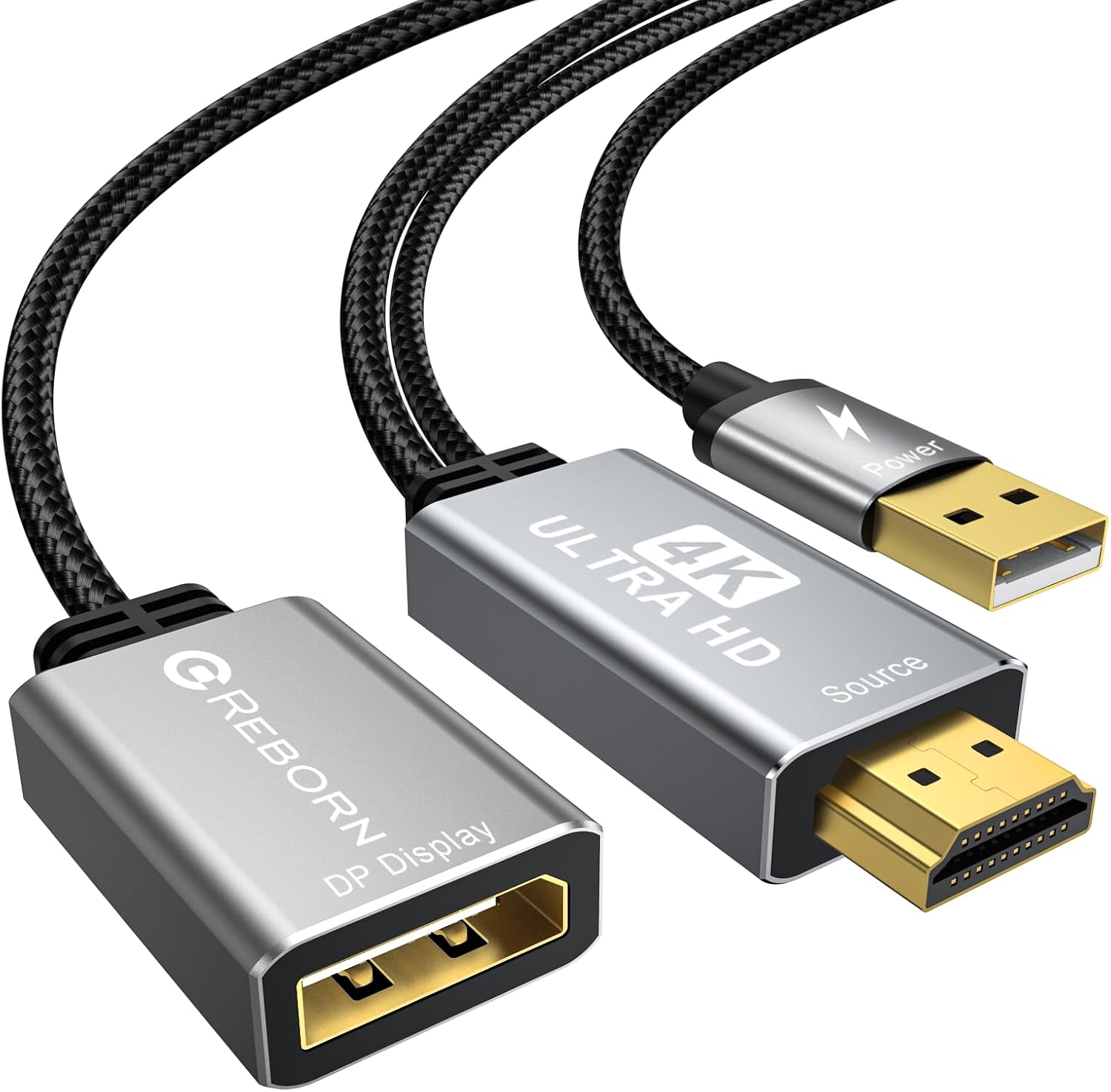 Reborn active HDMI to DisplayPort adapter front view showing premium gold plated connectors and USB power cable connection.