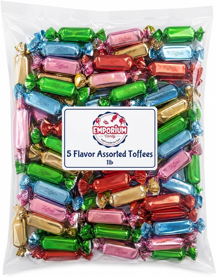 Chewy Creamy Assorted Toffee Candies In Multicolored Foil Wrappings Close Up