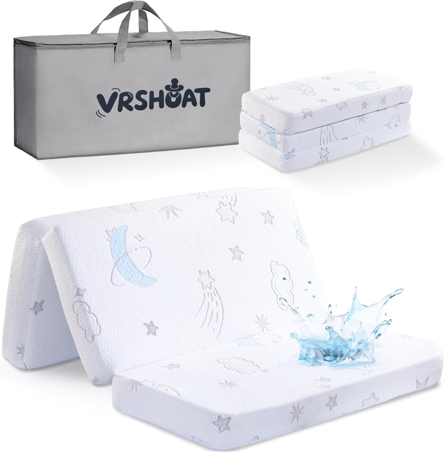 VRSHOAT trifold pack and play mattress front view displayed open inside a standard baby playpen