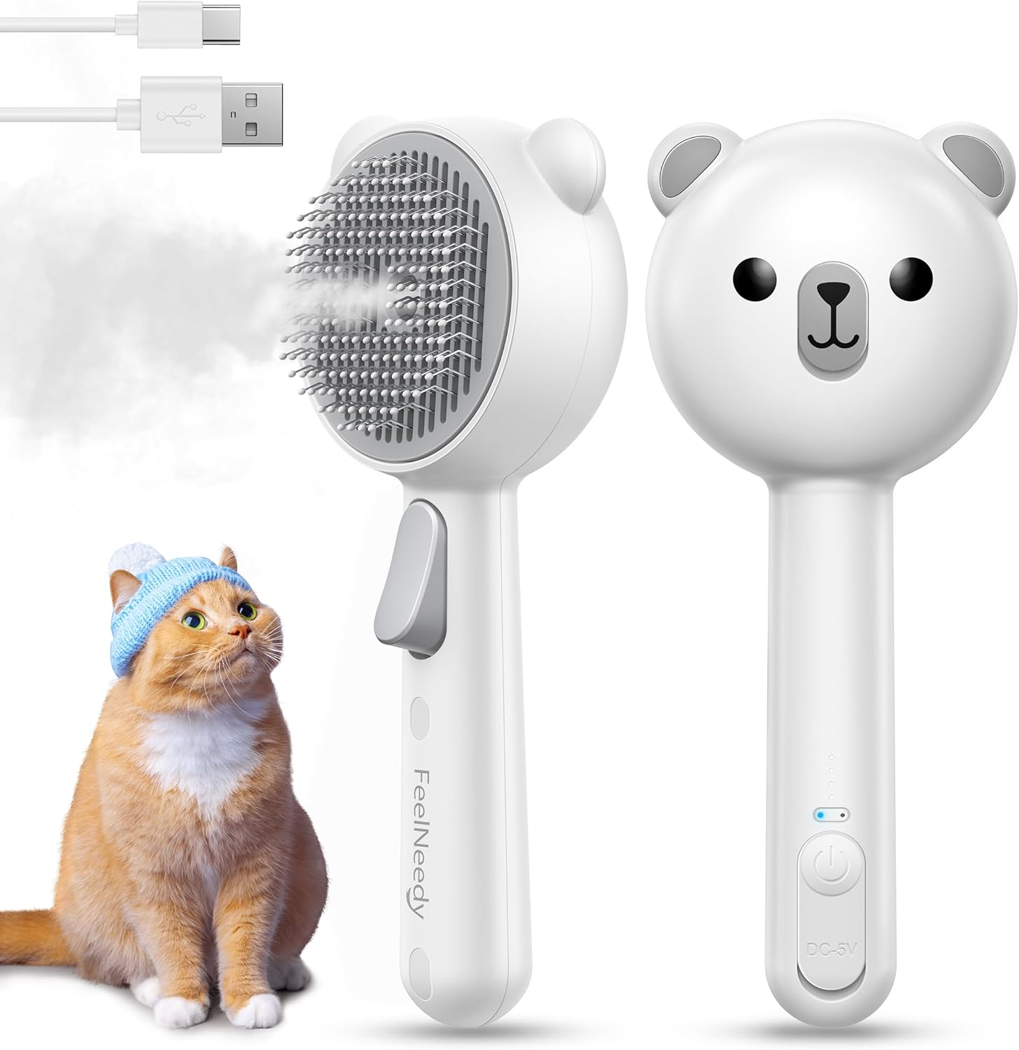 FEELNEEDY Cat Steam Brush front view showing the bear-shaped grooming head and central mist hole