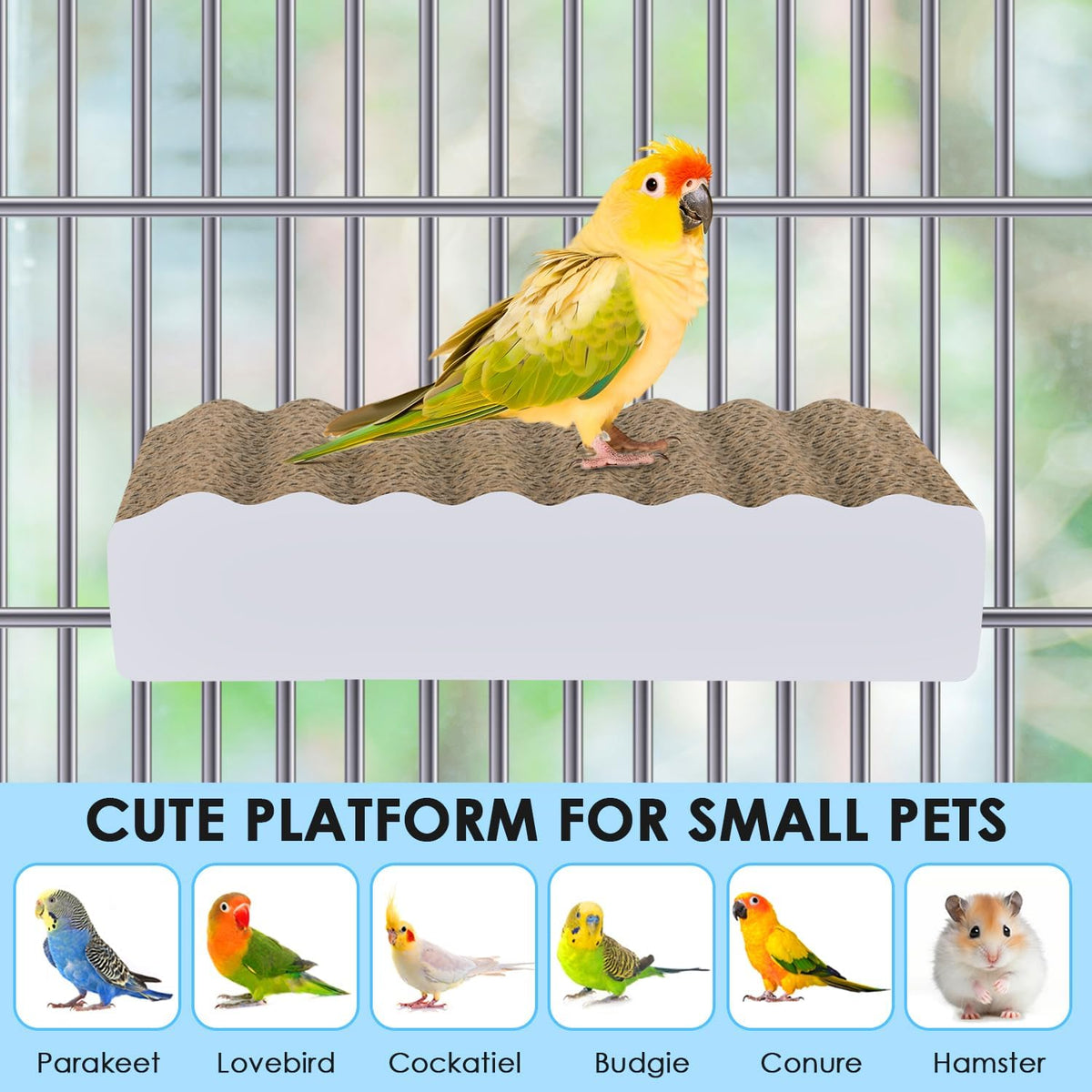 Side view of thick corrugated cardboard platform for small parrots
