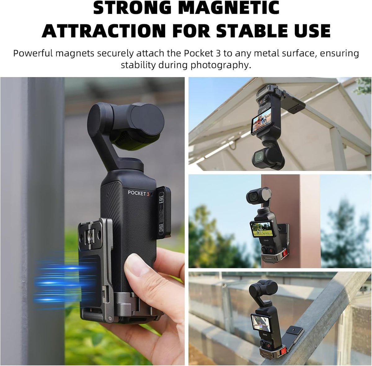 Flymile Pocket 3 Magnetic Mount attached to metal surface