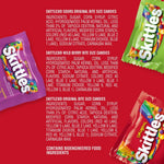 Individually wrapped fun size fruity candy pouches scattered out of the large party size bag