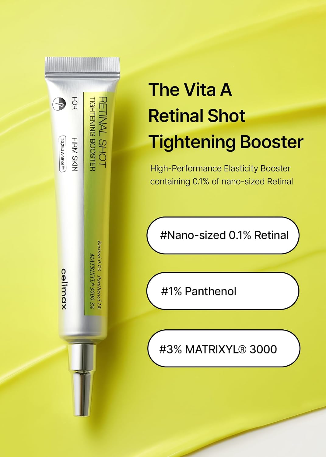 Celimax 0.1 percent retinal night serum tubes on a clean background for wrinkle care.