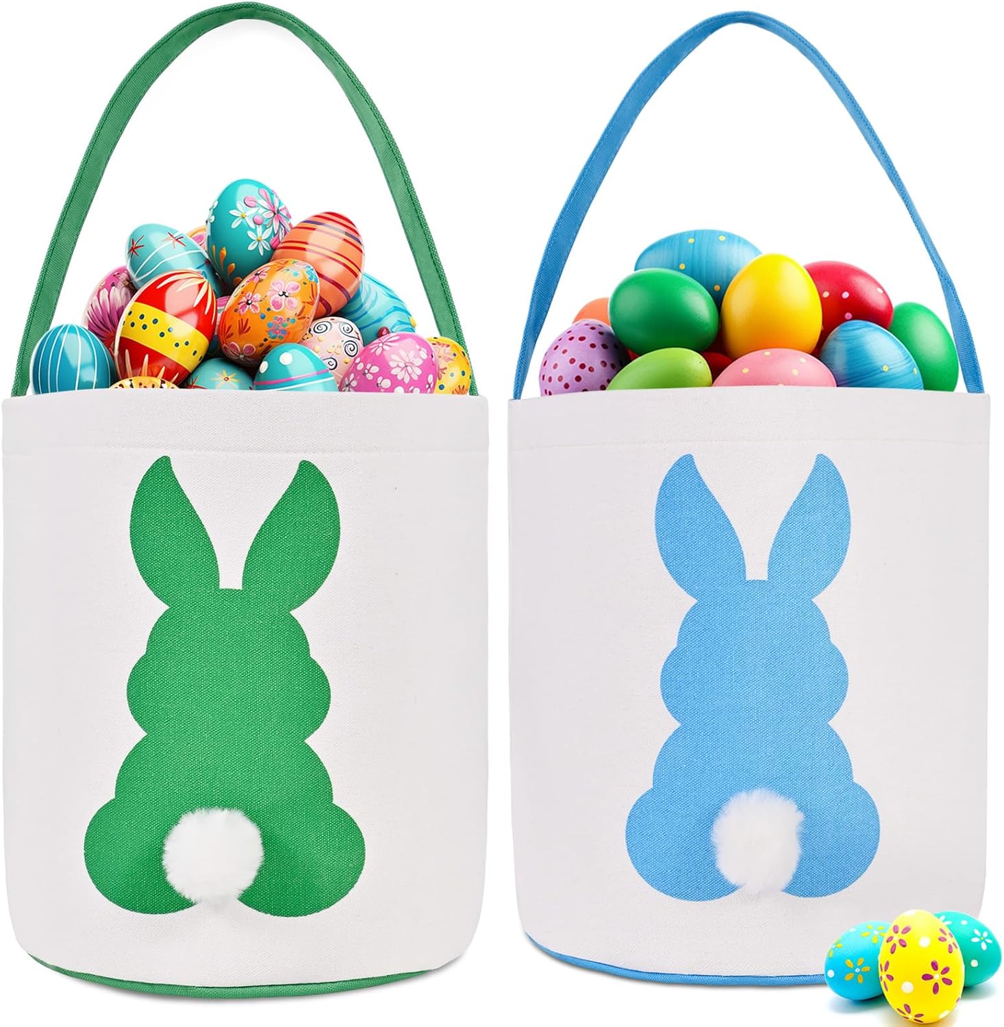 Ziwijity canvas Easter bunny baskets front view showing green and blue rabbit designs with handles