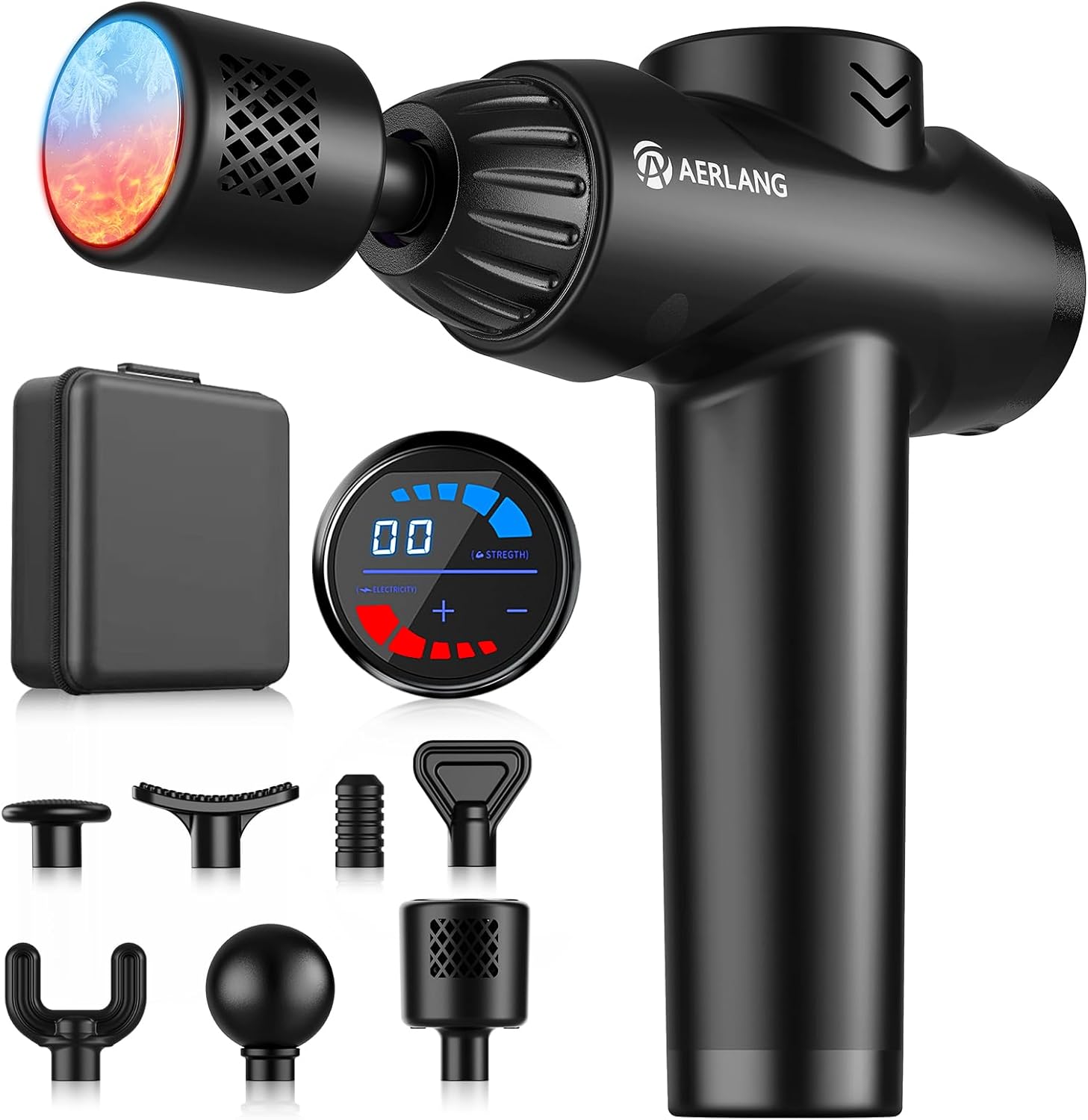 AERLANG Deep Tissue Massage Gun front view showcasing the digital LCD touchscreen display and premium matte black finish.
