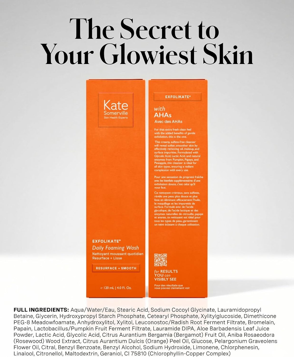 Authentic Kate Somerville glycolic acid and lactic acid foaming cleanser bottle standing upright