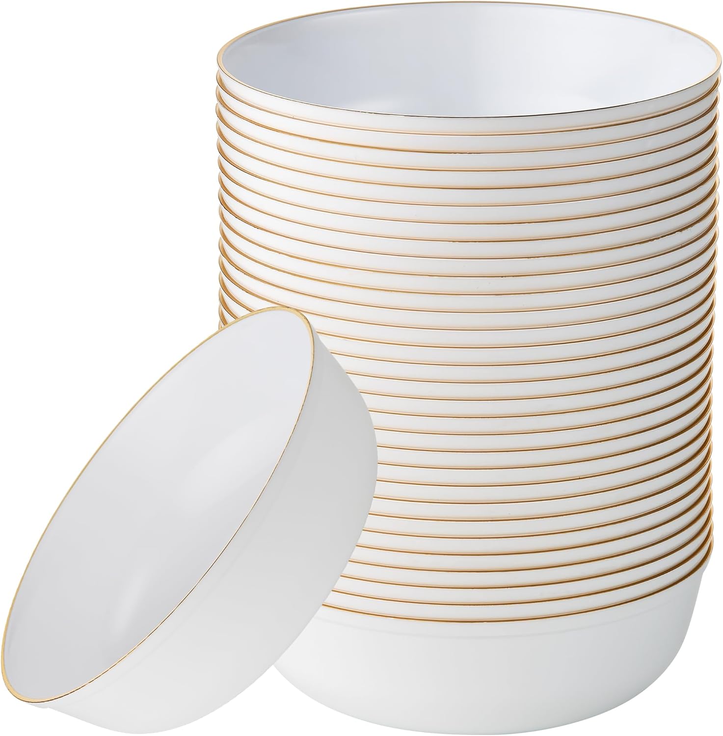 Plasticpro Edge Collection White with Gold Rim Plastic Bowls front view premium disposable dinnerware.