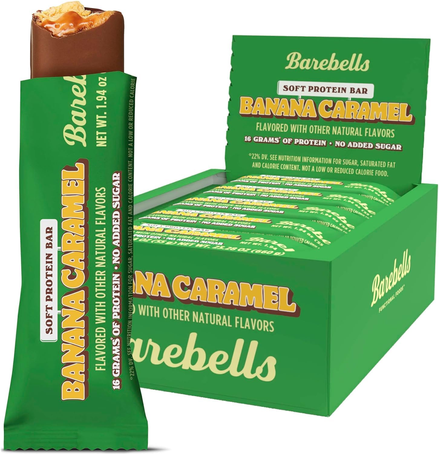 Barebells Banana Caramel Soft Protein Bar front pack view showing nutrition details