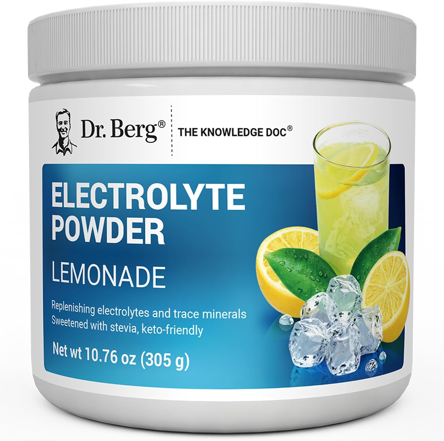 Dr. Berg Zero Sugar Hydration Keto Electrolyte Powder Lemonade front view showcasing the packaging.