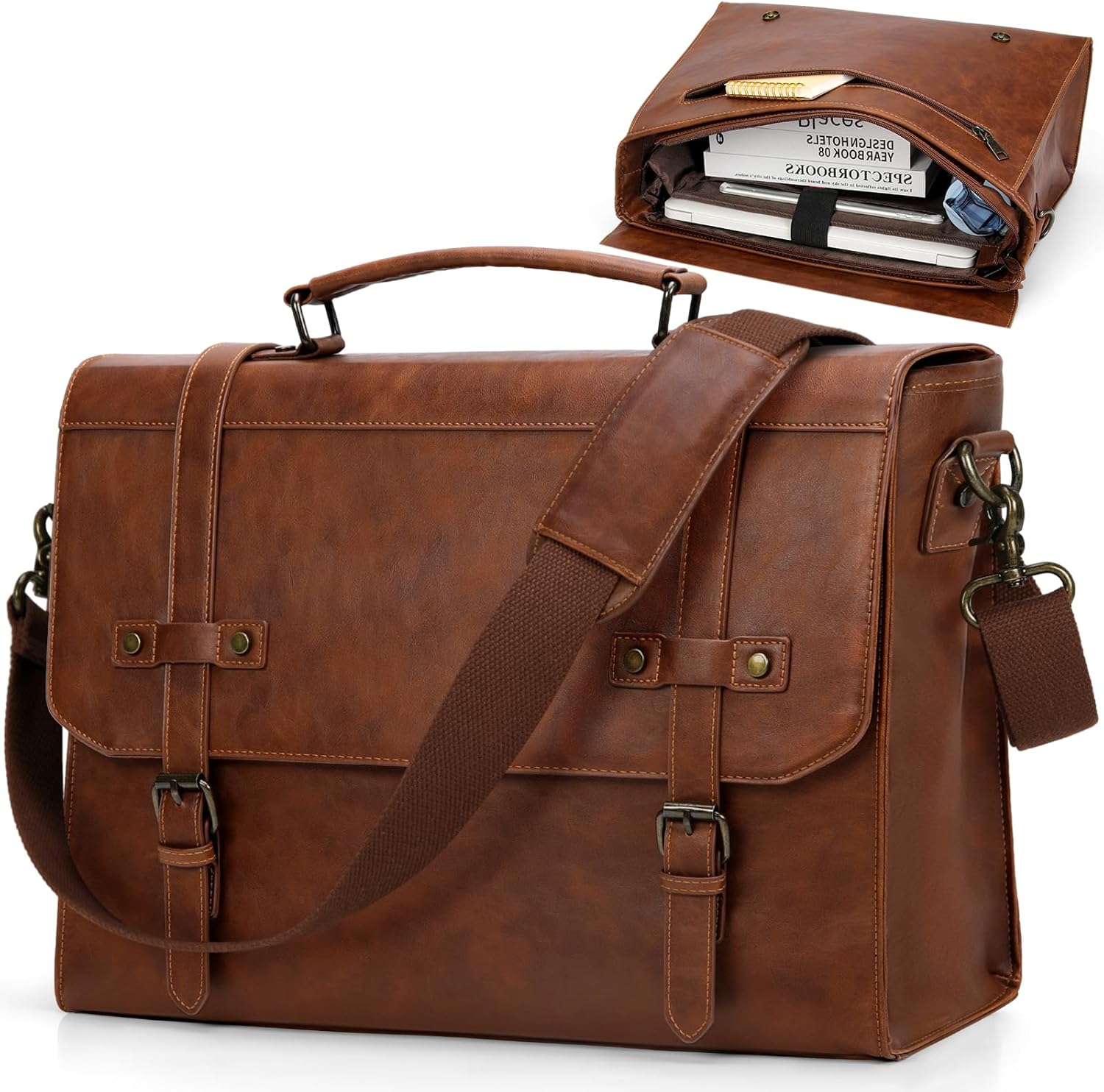 RAINSMORE Mens Messenger Bag 17 Inch front view vintage brown leather laptop briefcase
