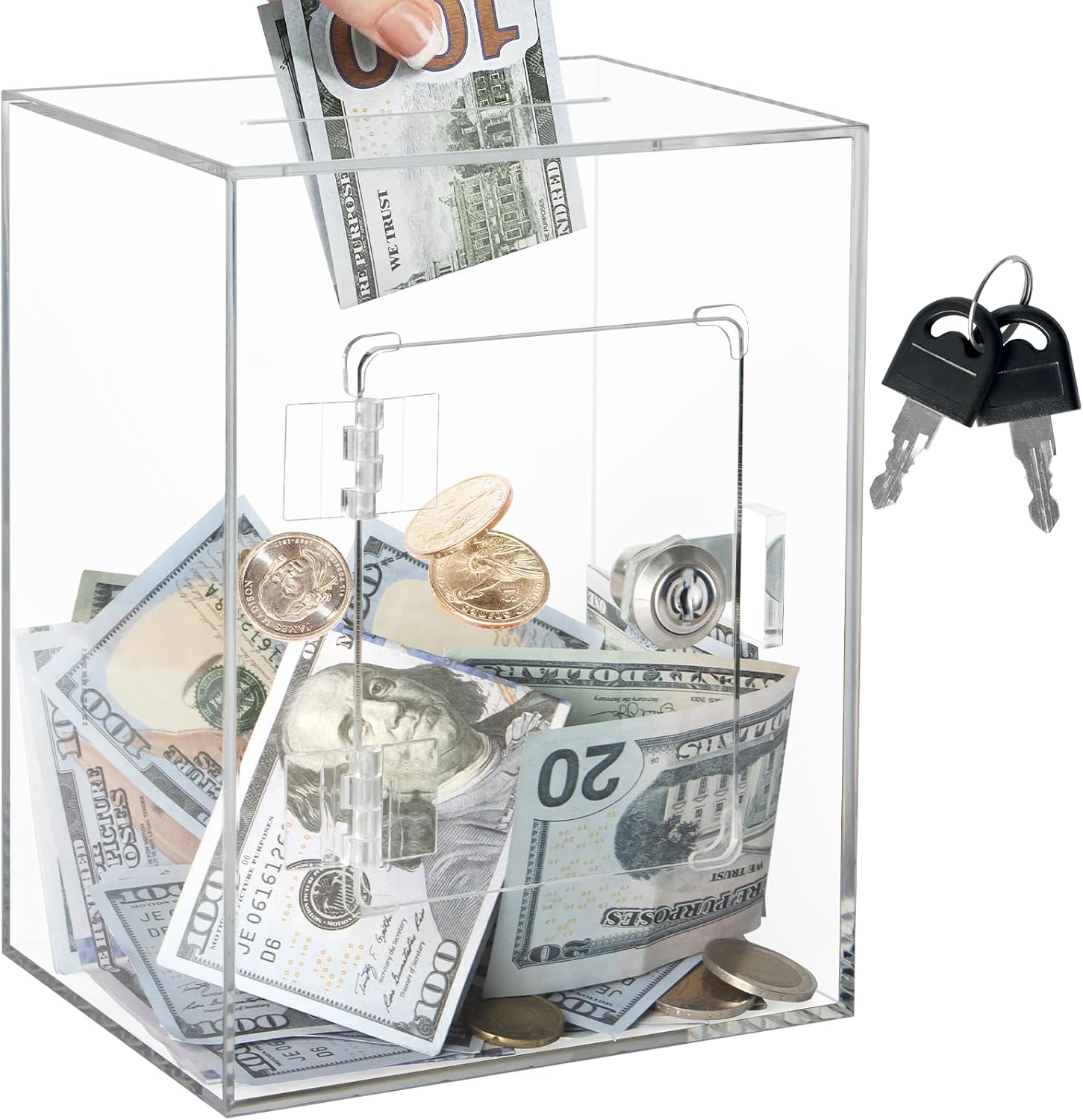Imeepa clear acrylic piggy bank with lock and key front view showing transparent cash storage box.