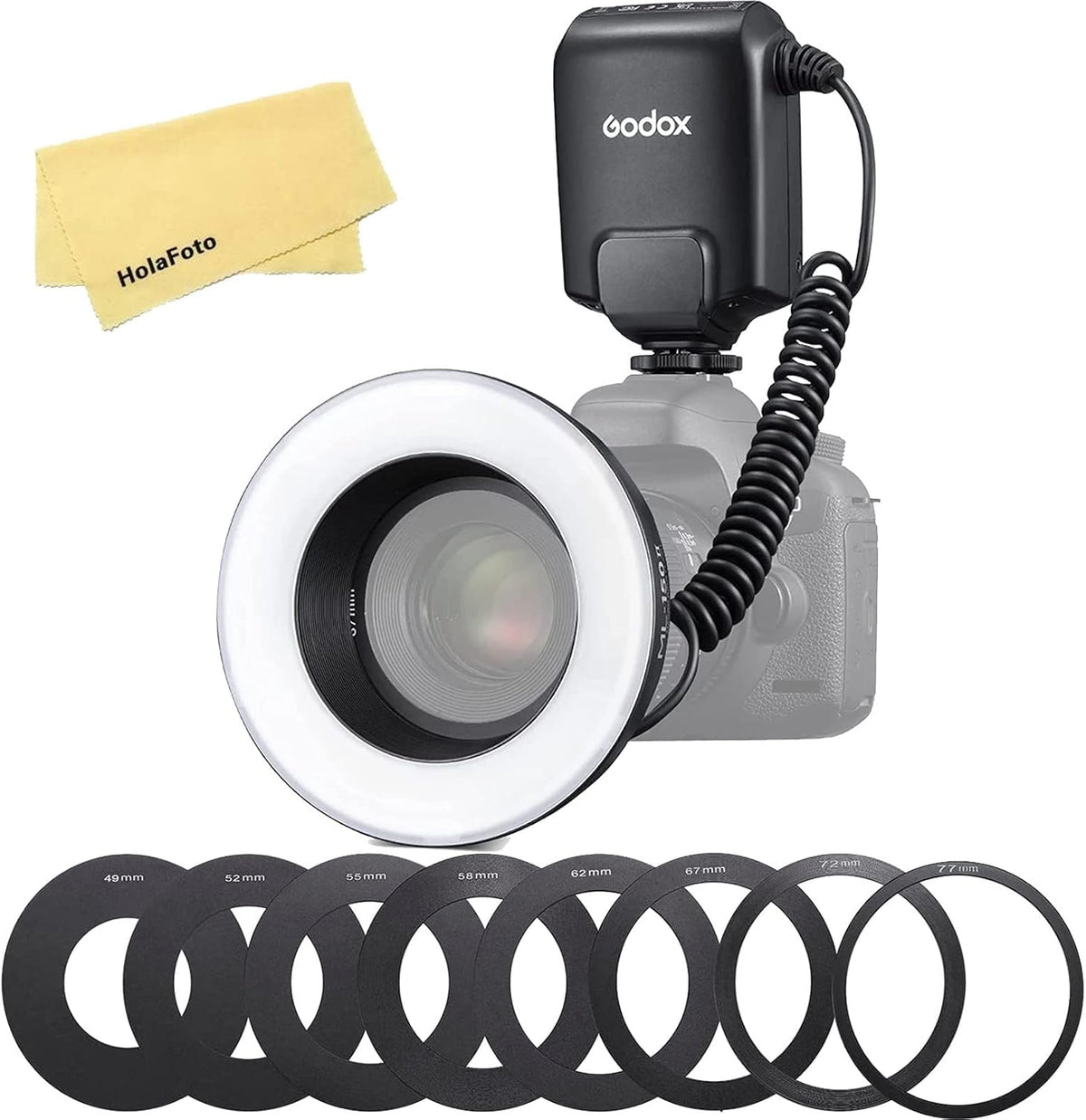 Godox ML-150II Macro Ring Flash front view showing the circular diffusion panel and lens mounting mechanism.