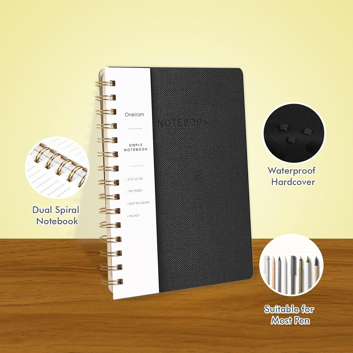 Oneirom notebook open flat on a clean desk surface
