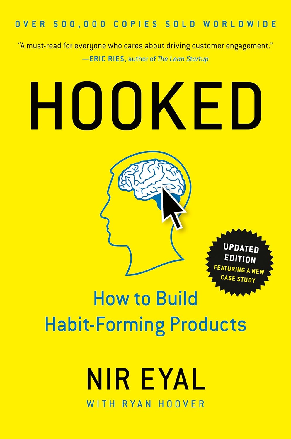 Penguin Books Hooked by Nir Eyal front cover showing a bright yellow background with a brain graphic