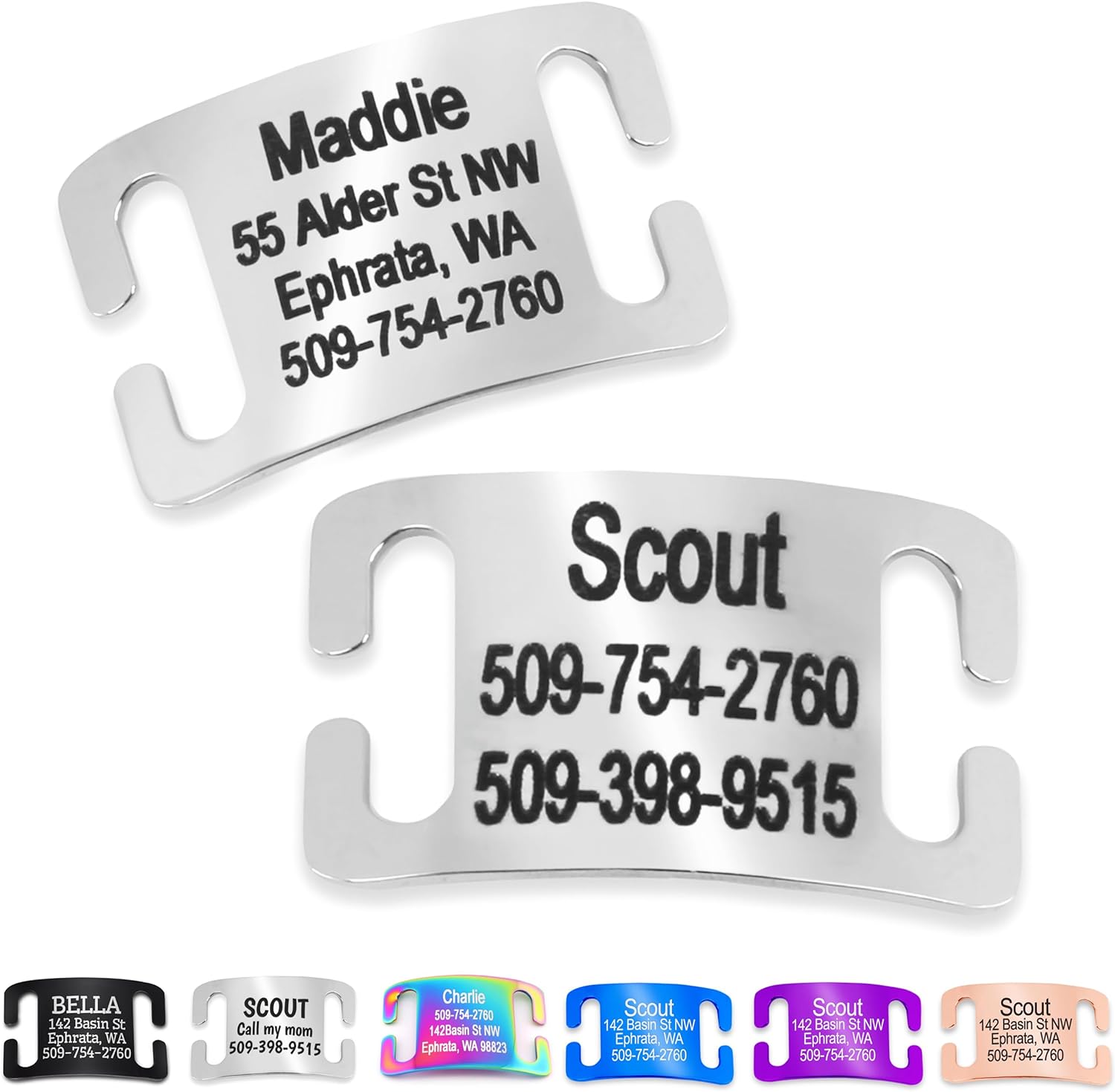 GoTags slide on pet id tag front view showing engraved stainless steel plate