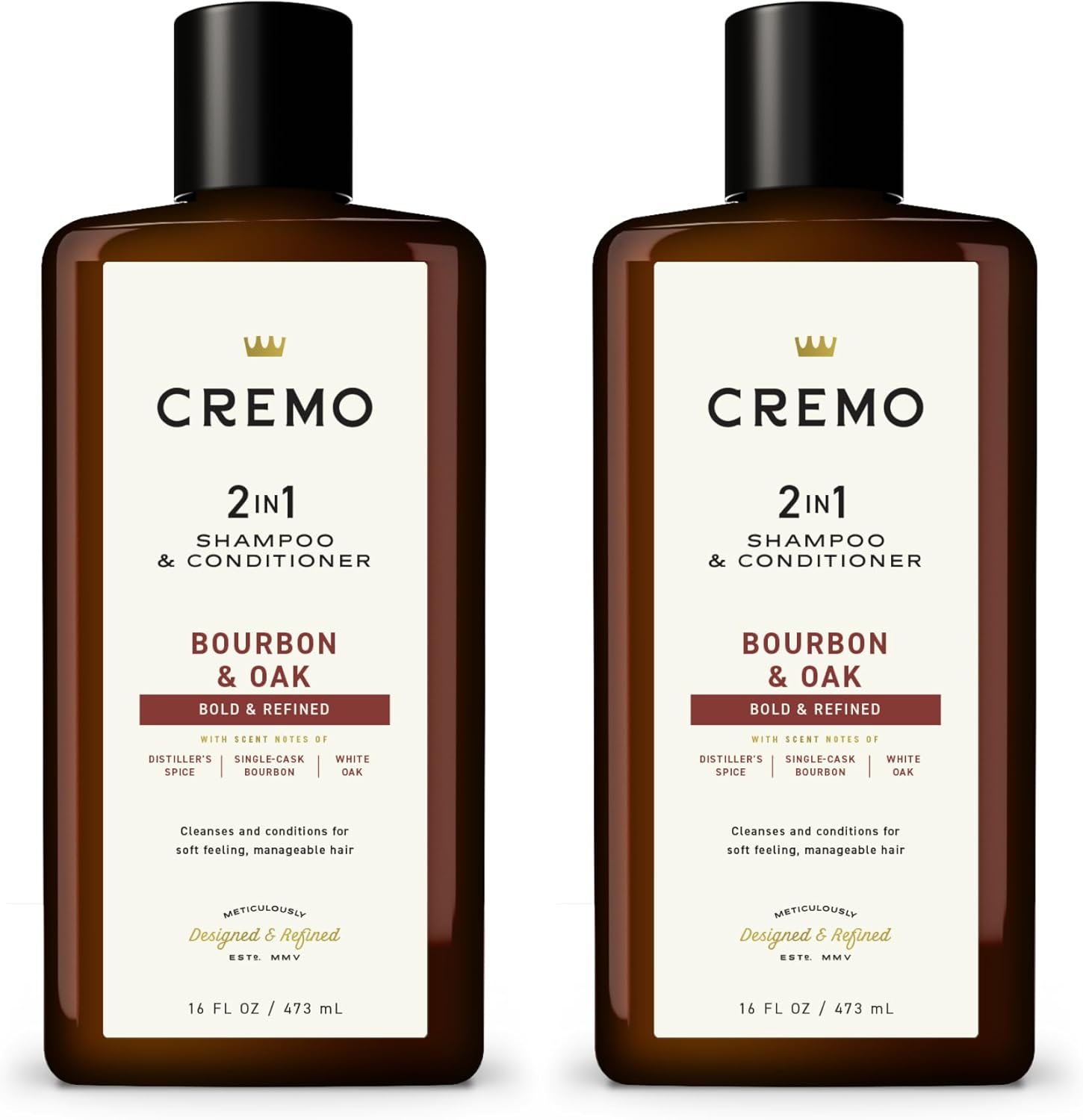 Cremo Bourbon and Oak 2-in-1 Shampoo and Conditioner twin pack front view for premium men's hair care