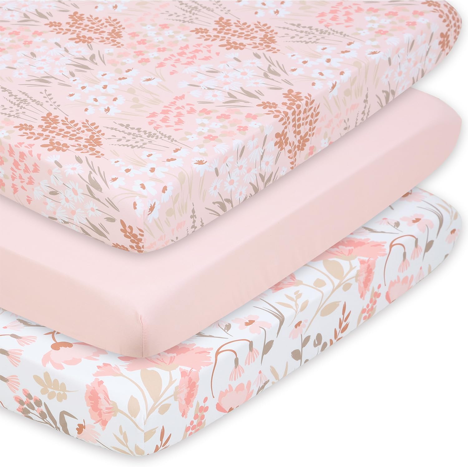The Peanutshell 3 pack fitted playard sheets pink floral front view