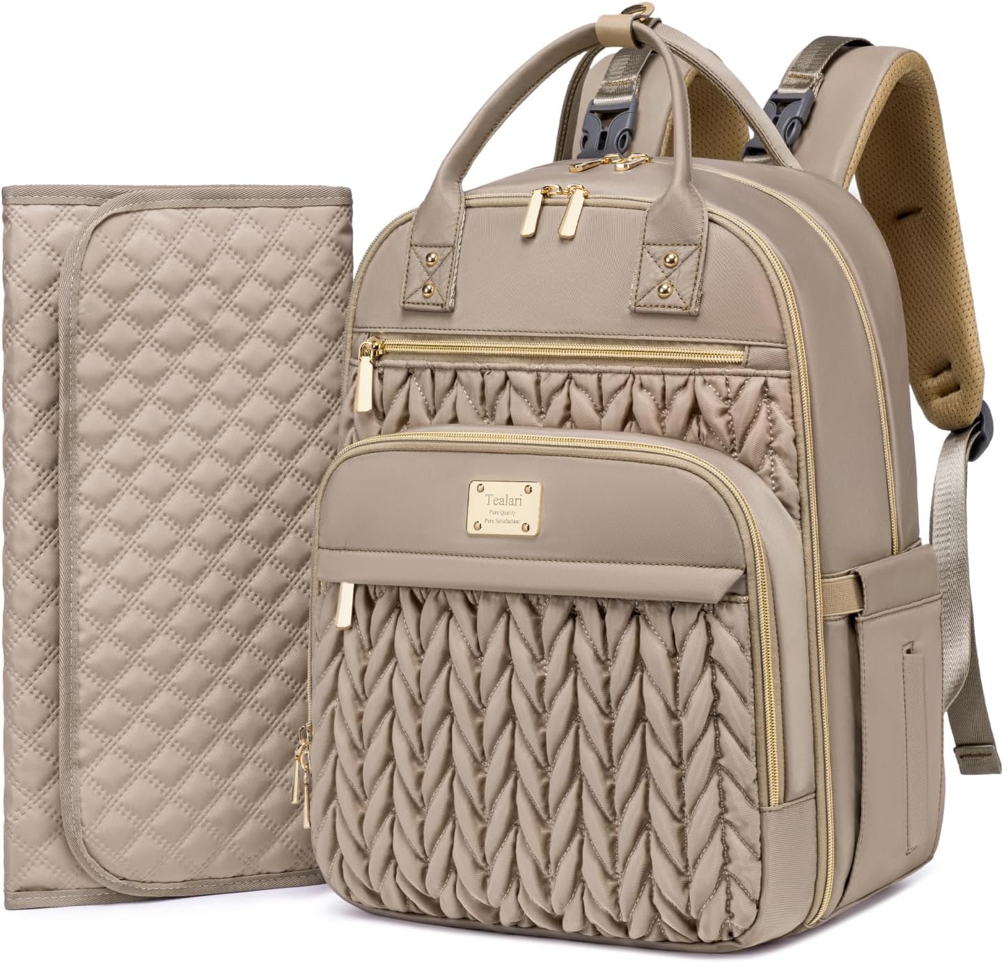 Tealari diaper bag backpack front view in khaki color showcasing the stylish quilted nylon design