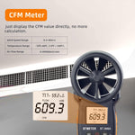 Digital wind speed meter connected via USB cable to a laptop for data logging