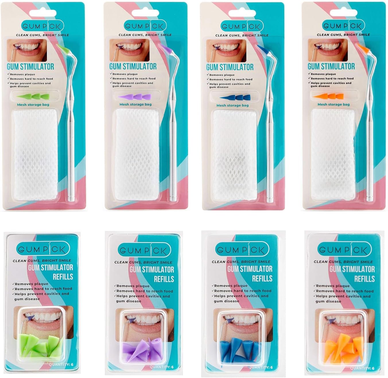 Gum Stimulator with Rubber Tip Refills - Premium Aluminum Teeth Stimulator - Effectively Remove Plaque & Prevent Gingivitis (24 Normal Tips Included) - 4 Pack (Blue, Purple, Green, Orange) - Image 1