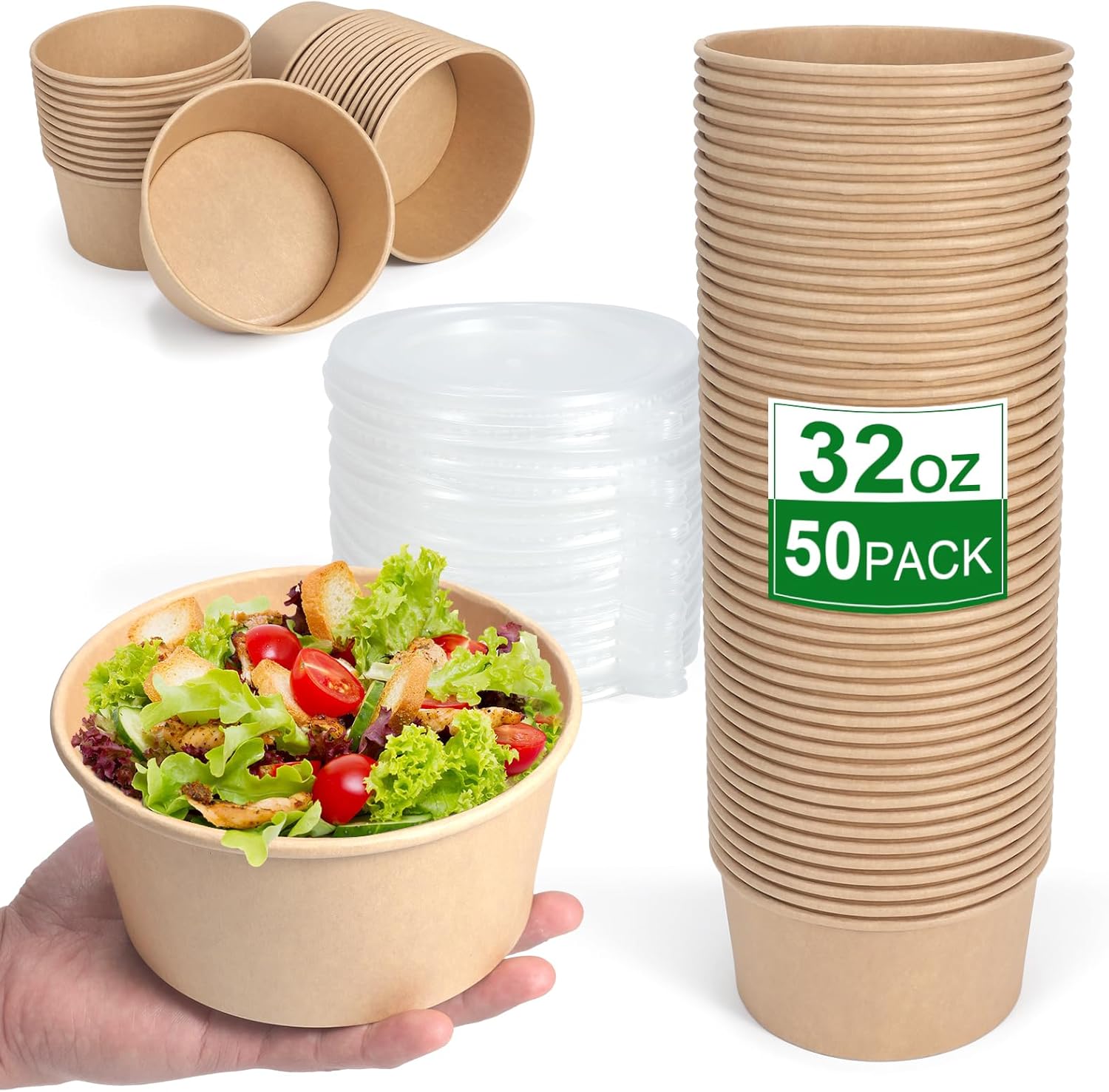 Haabgubebv 32 fluid ounce disposable paper bowl with lid front view