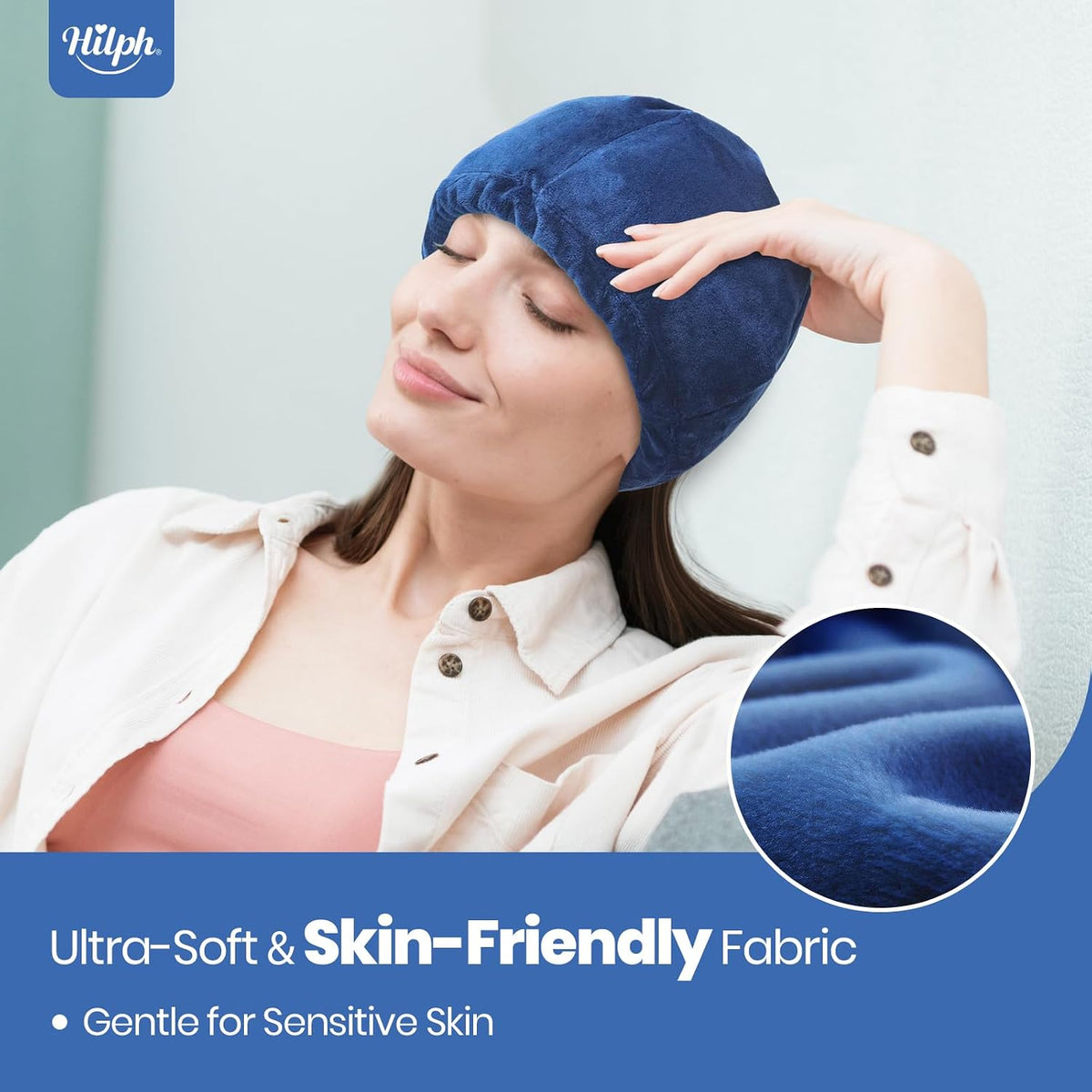 Hilph cold and heat therapy cap shown folded with its reusable gel packs