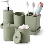 XLHOMO resin six piece green bathroom accessory set front view countertop layout