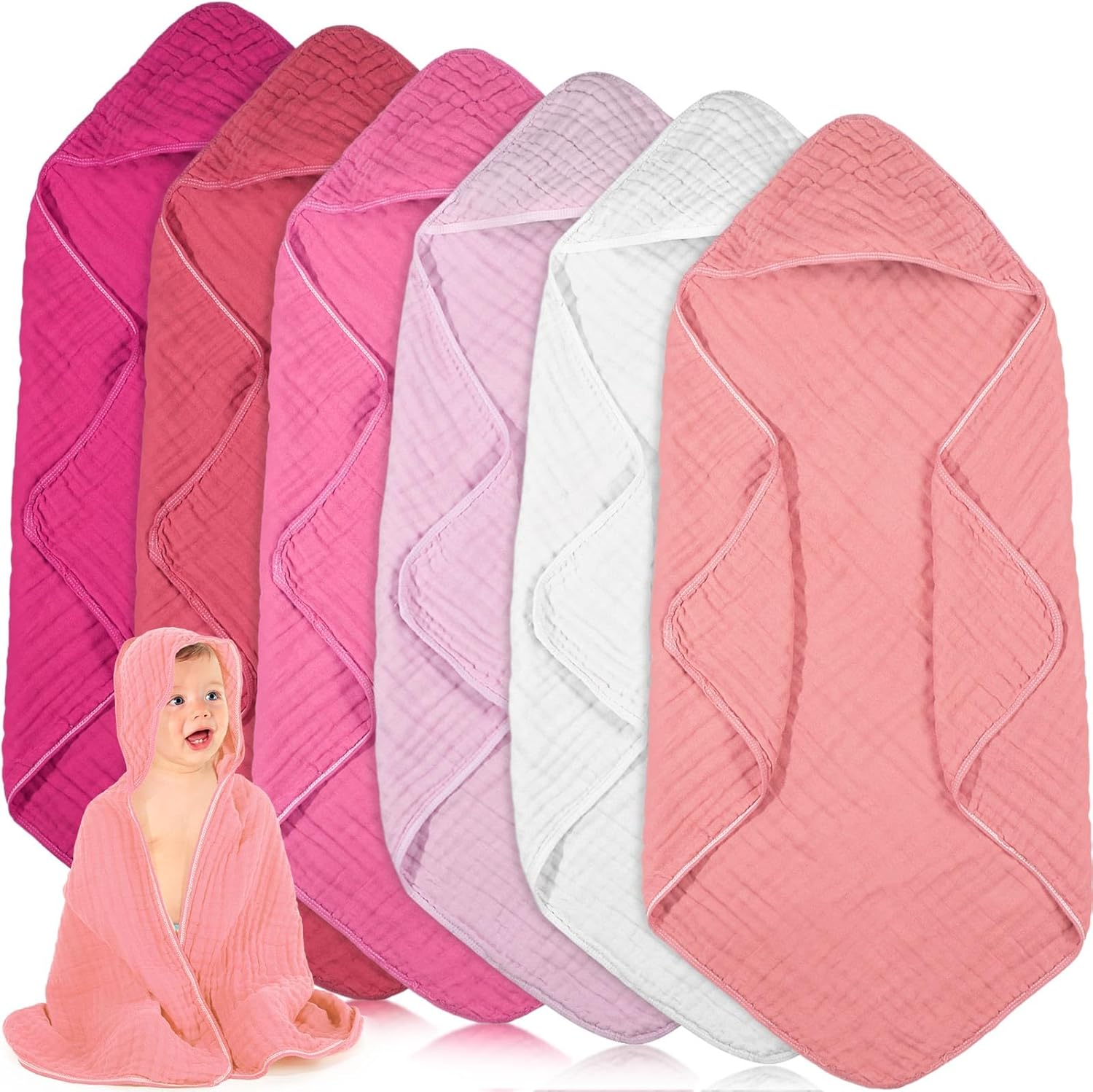 Peryiter 6 Pcs Muslin Hooded Baby Towels in Pink front view