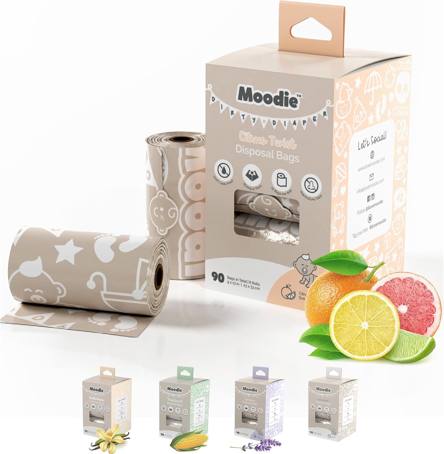 Moodie citrus scented disposable diaper bags retail packaging front view