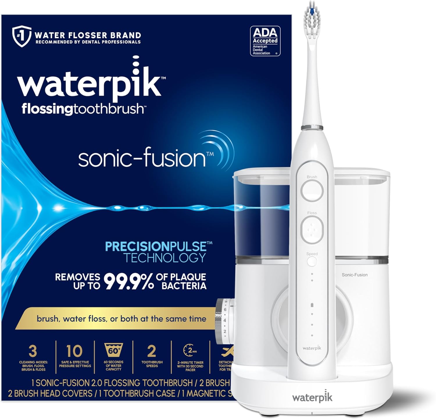 Waterpik Sonic-Fusion 2.0 Professional white electric toothbrush and water flosser combo front view