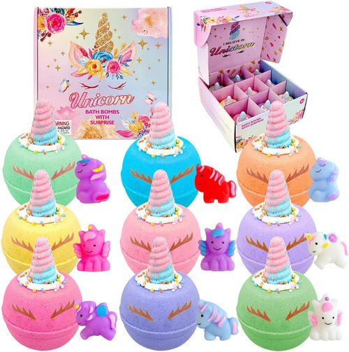 Skin-Safe Unicorn Bath Bombs for Kids with Surprise Squishy Toys Inside, 9 Extra Large Bath Salts with Calming and Long Lasting Scent, Natural Bubble Bath Bombs for Girls Sensitive Skin - Image 1