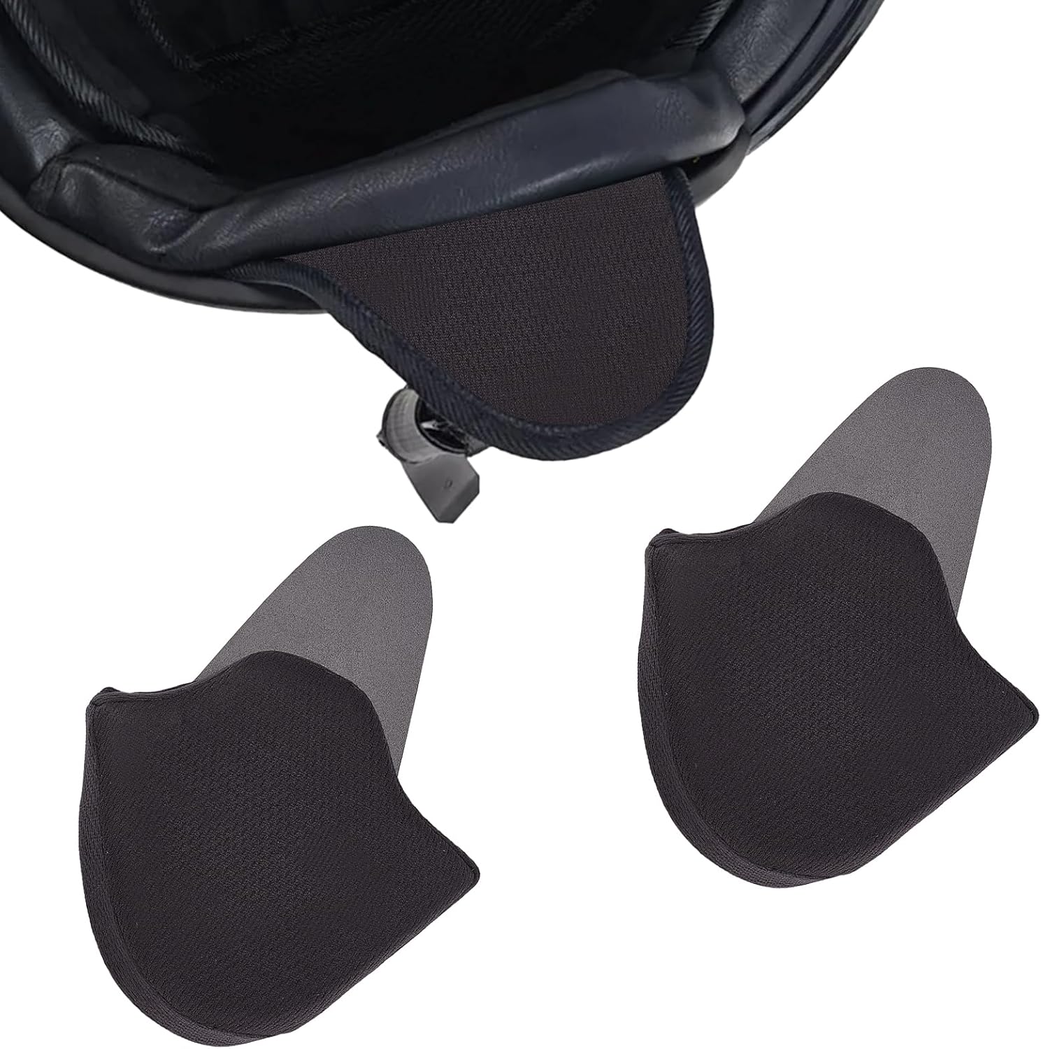 NICENEEDED half helmet ear pads black front view showing attachment straps for motorcycle wind protection.