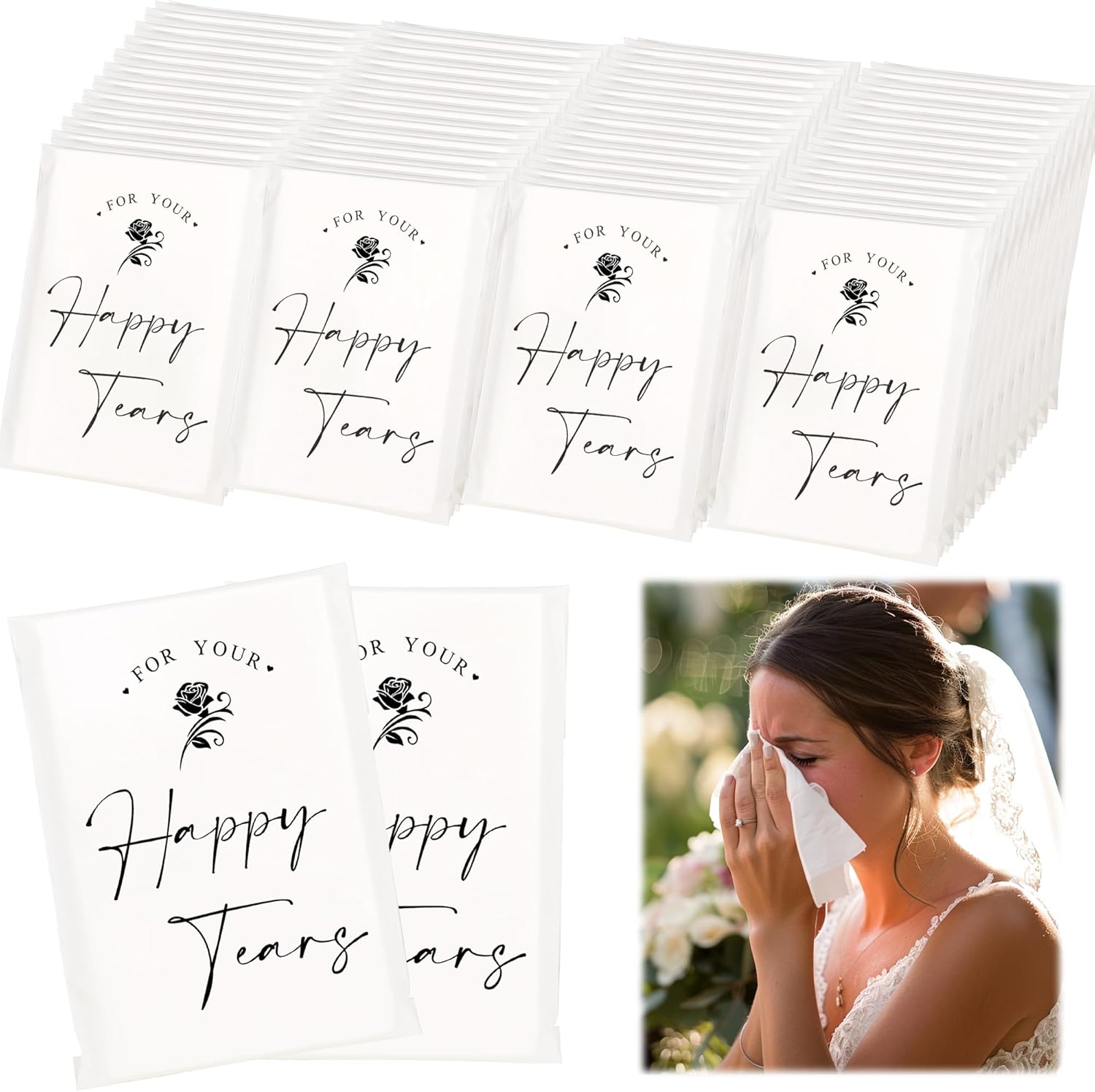 DORIS HOME happy tears tissues front view showing forty eight premium frosted individual packs for wedding guests.