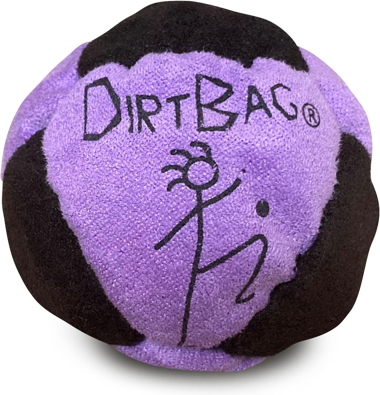 Dirtbag Classic Footbag front view premium purple and black handmade eight panel sand filled hacky sack ball