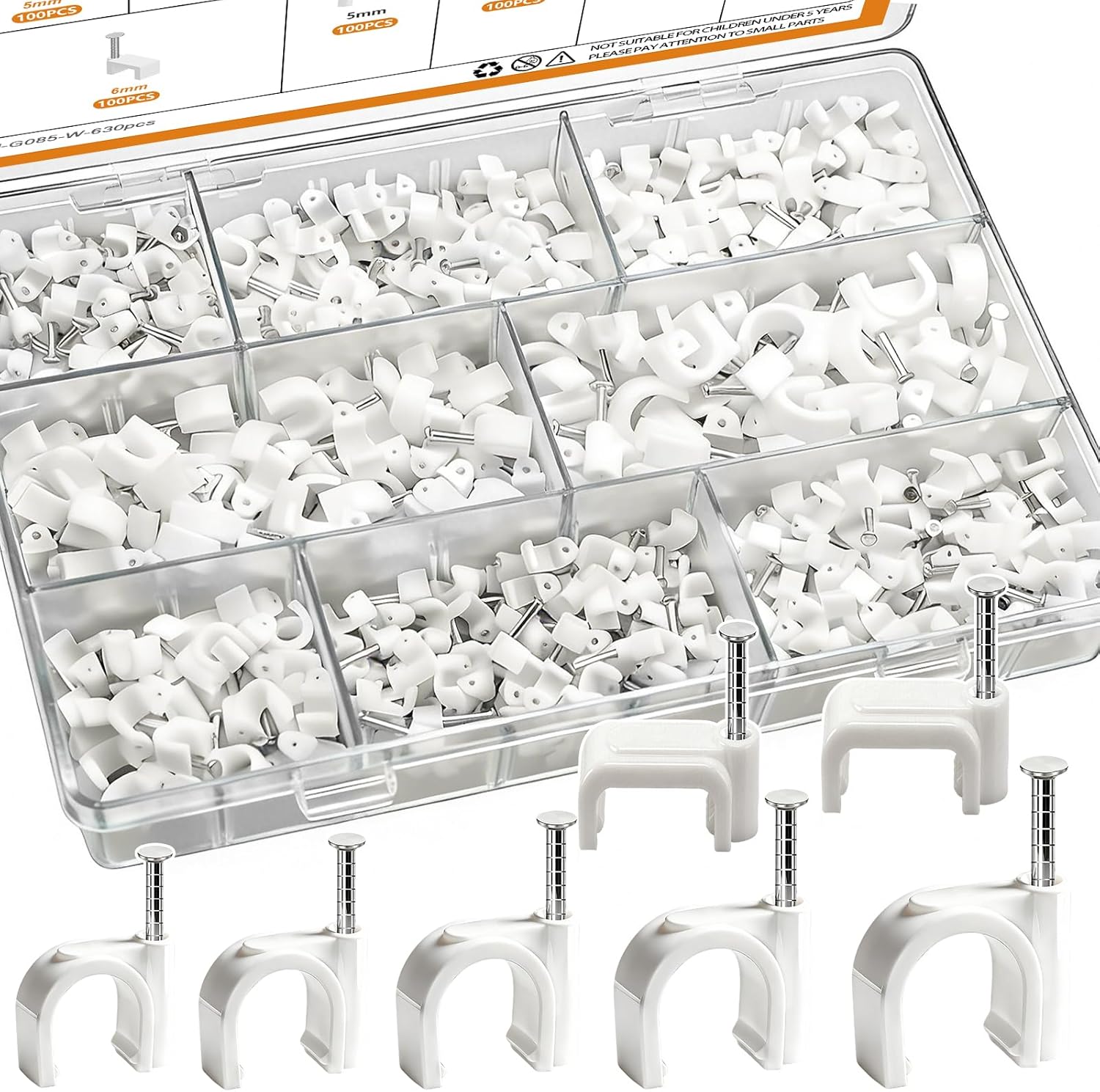 Mankk 630 piece nail in cable clips assortment kit front view showing the transparent storage box with organized slots.
