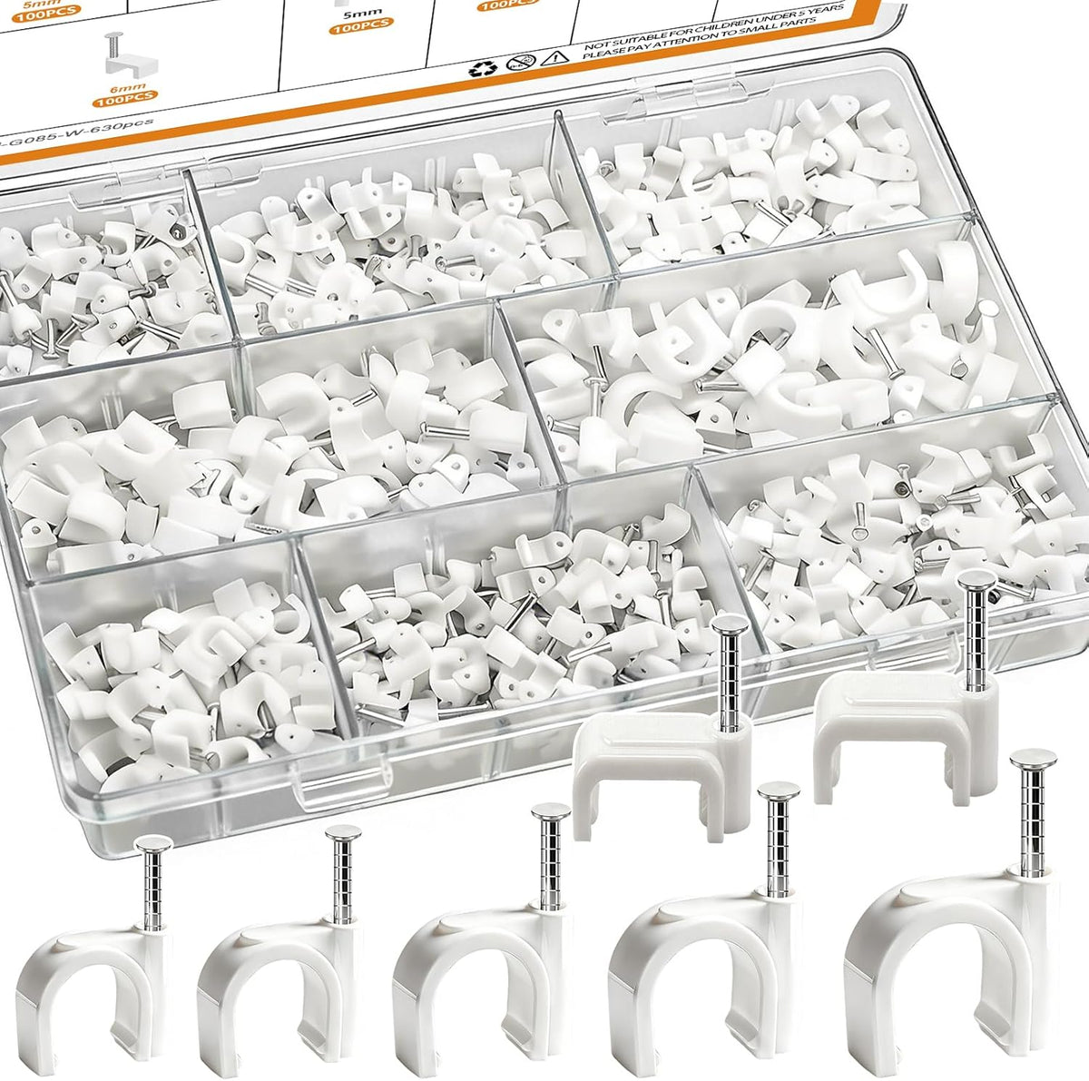 Mankk 630 piece nail in cable clips assortment kit front view showing the transparent storage box with organized slots.