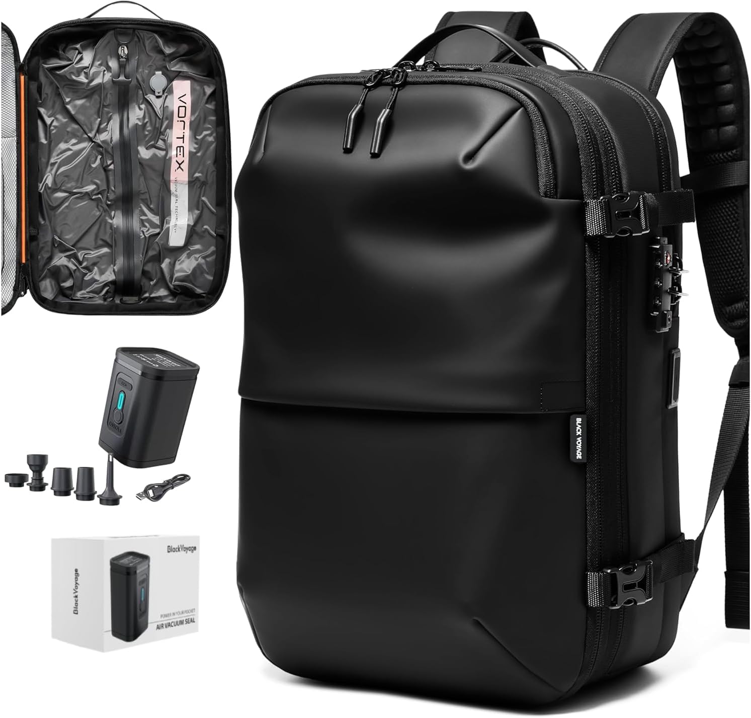 BlackVoyage Vortex Vacuum Seal Travel Backpack 60 Liters front view in matte black finish.