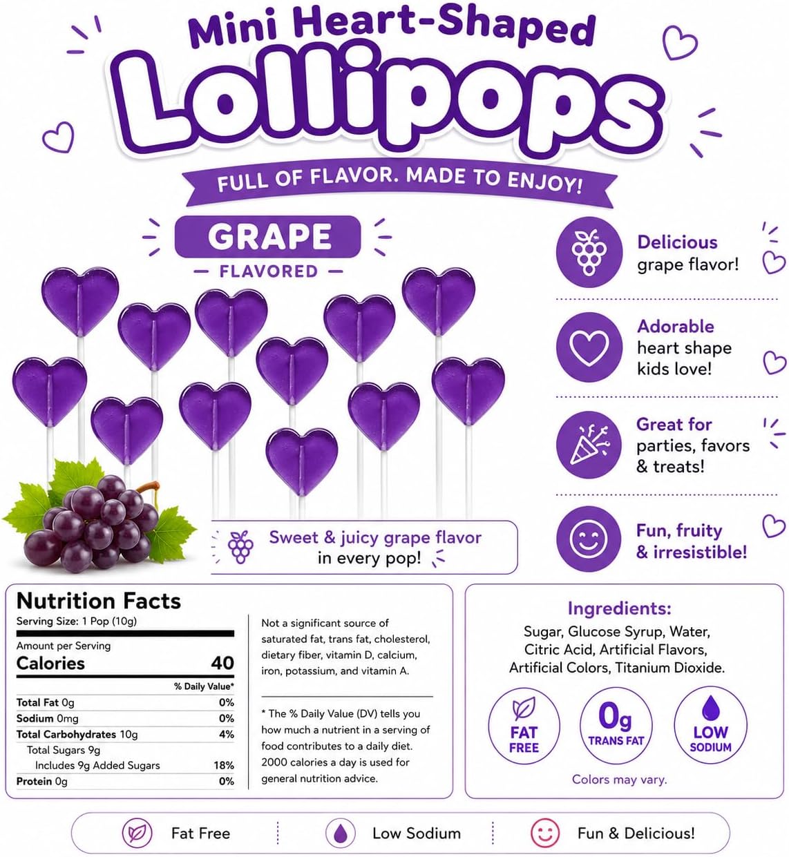 Fruidles purple grape hard candy lollipop five gram size close up display.