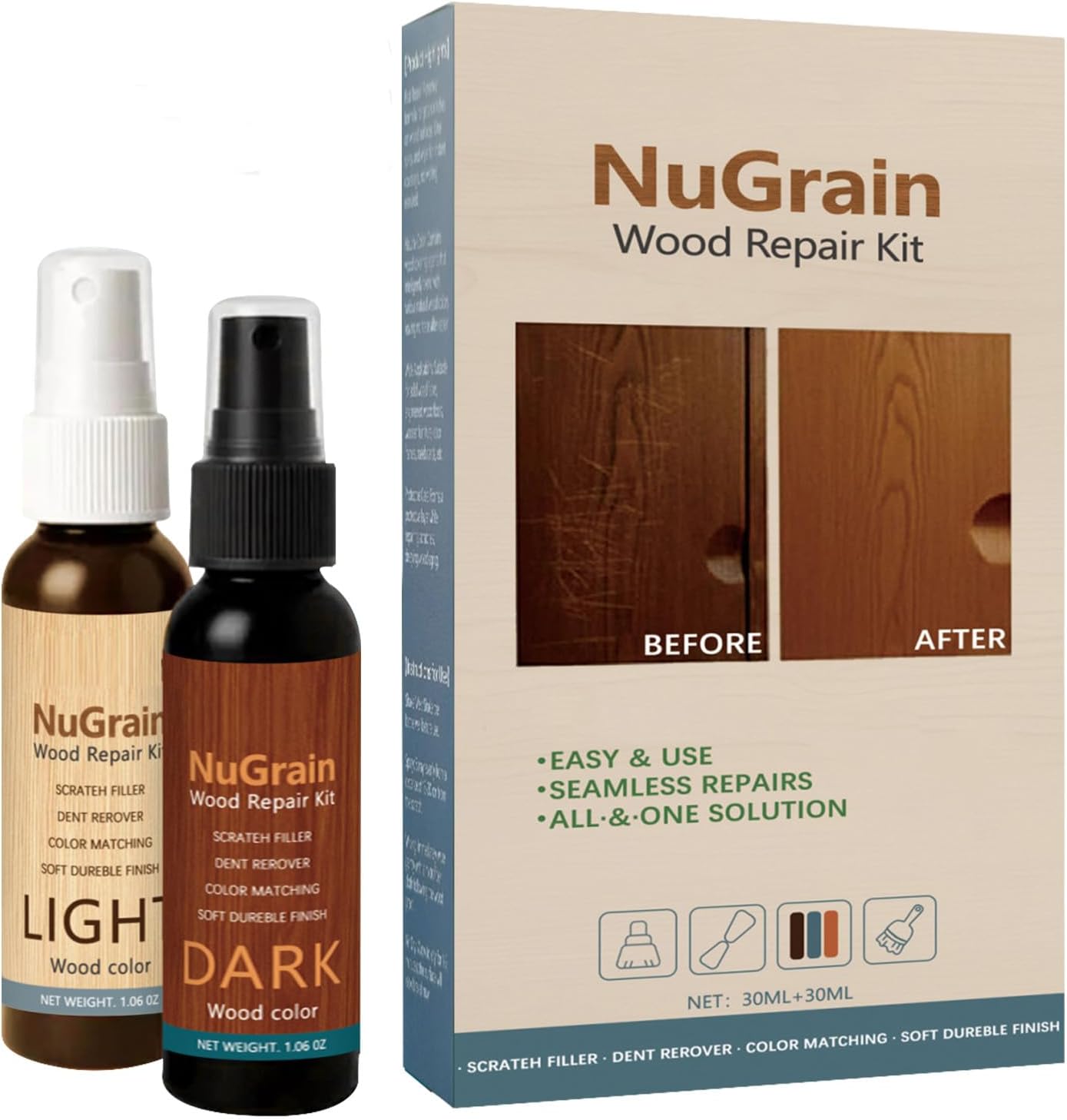 NuGrain wood repair kit front view package showing professional floor and furniture scratch restorer.