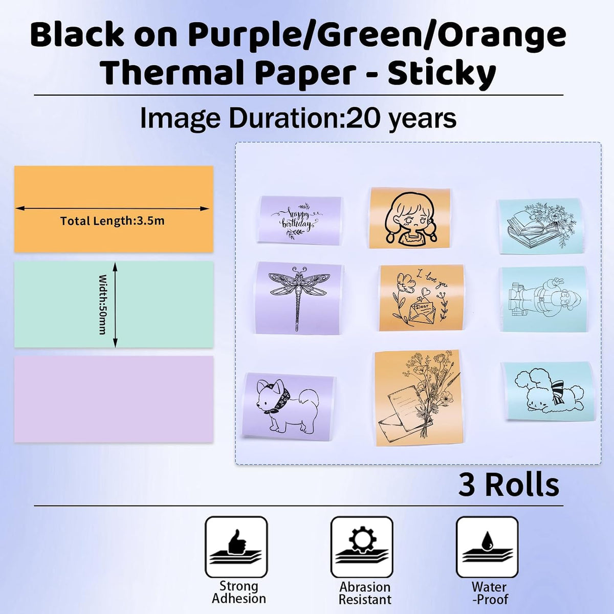 Ponek thermal printer paper rolls in purple green and orange