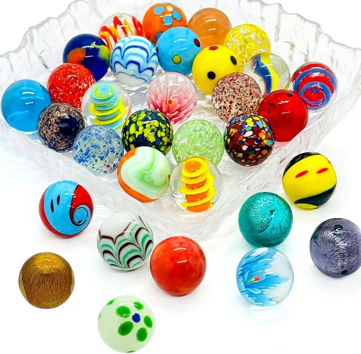 Linkyloop large glass marbles front view showing assorted colorful 25mm spheres.