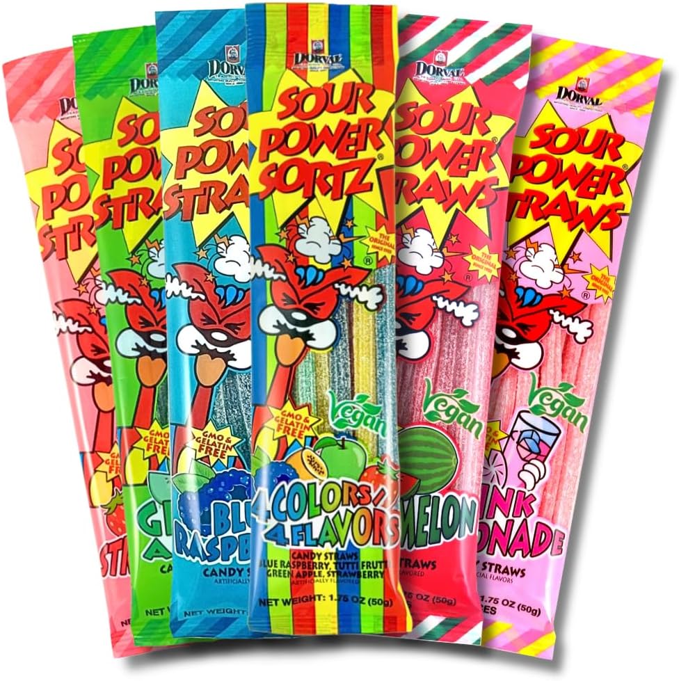 Sour Power assorted candy straws variety pack front view showing authentic packaging.