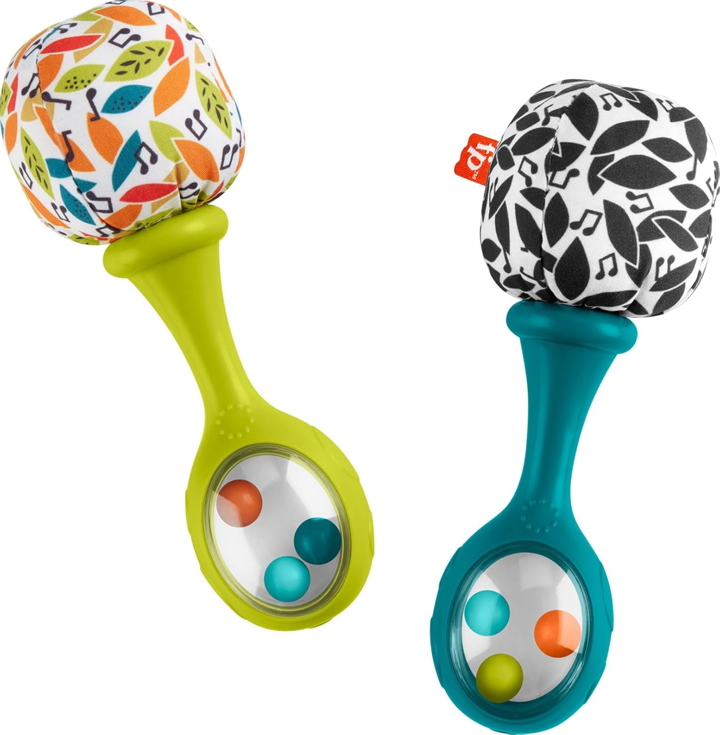 Fisher-Price newborn maracas front view showing the neutral color layout and internal colorful beads.