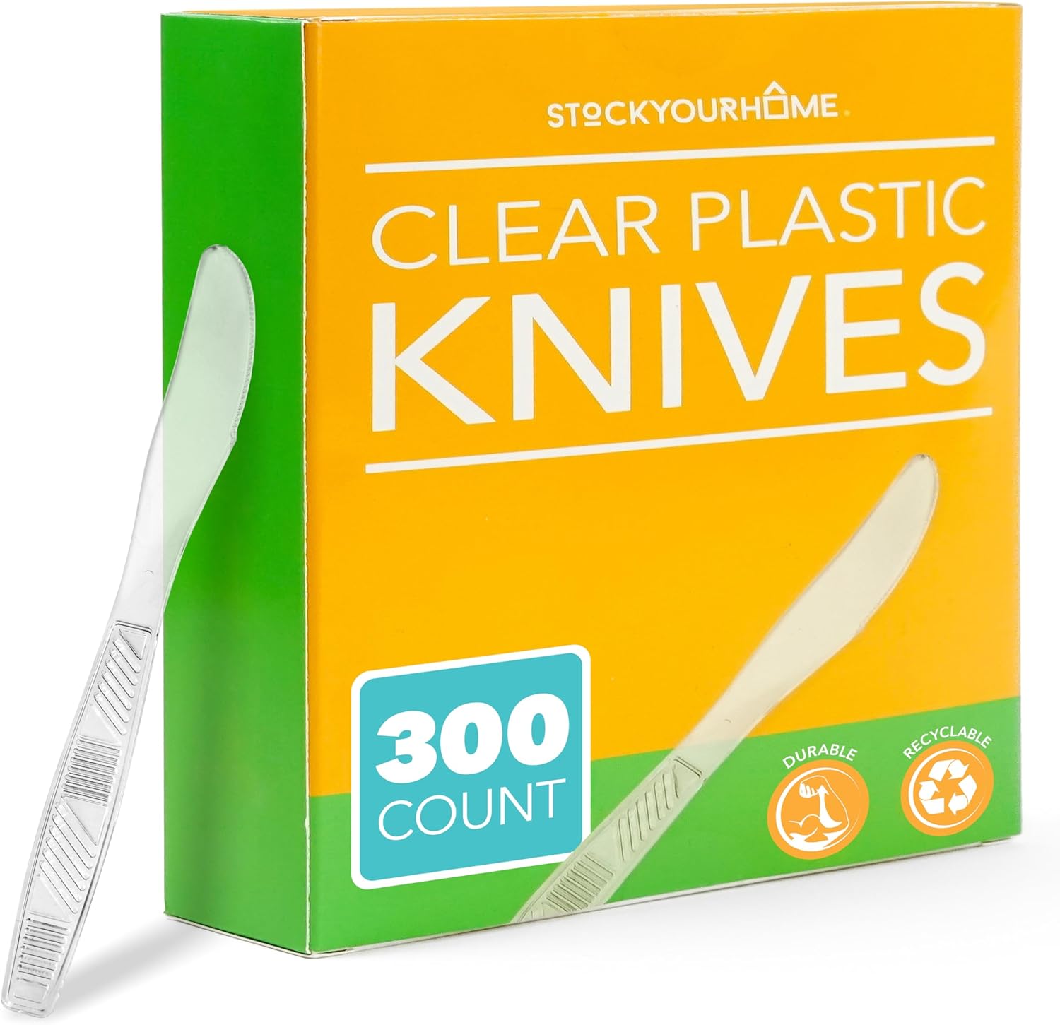 Stock Your Home clear heavy duty plastic knives 300 pack front view packaging