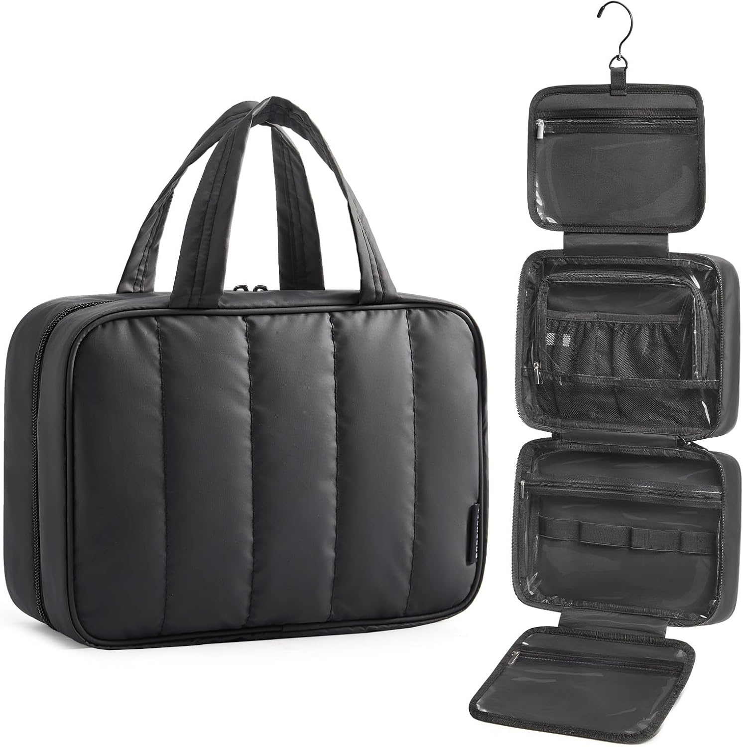 BAGSMART travel toiletry bag for women front view showing black quilted design