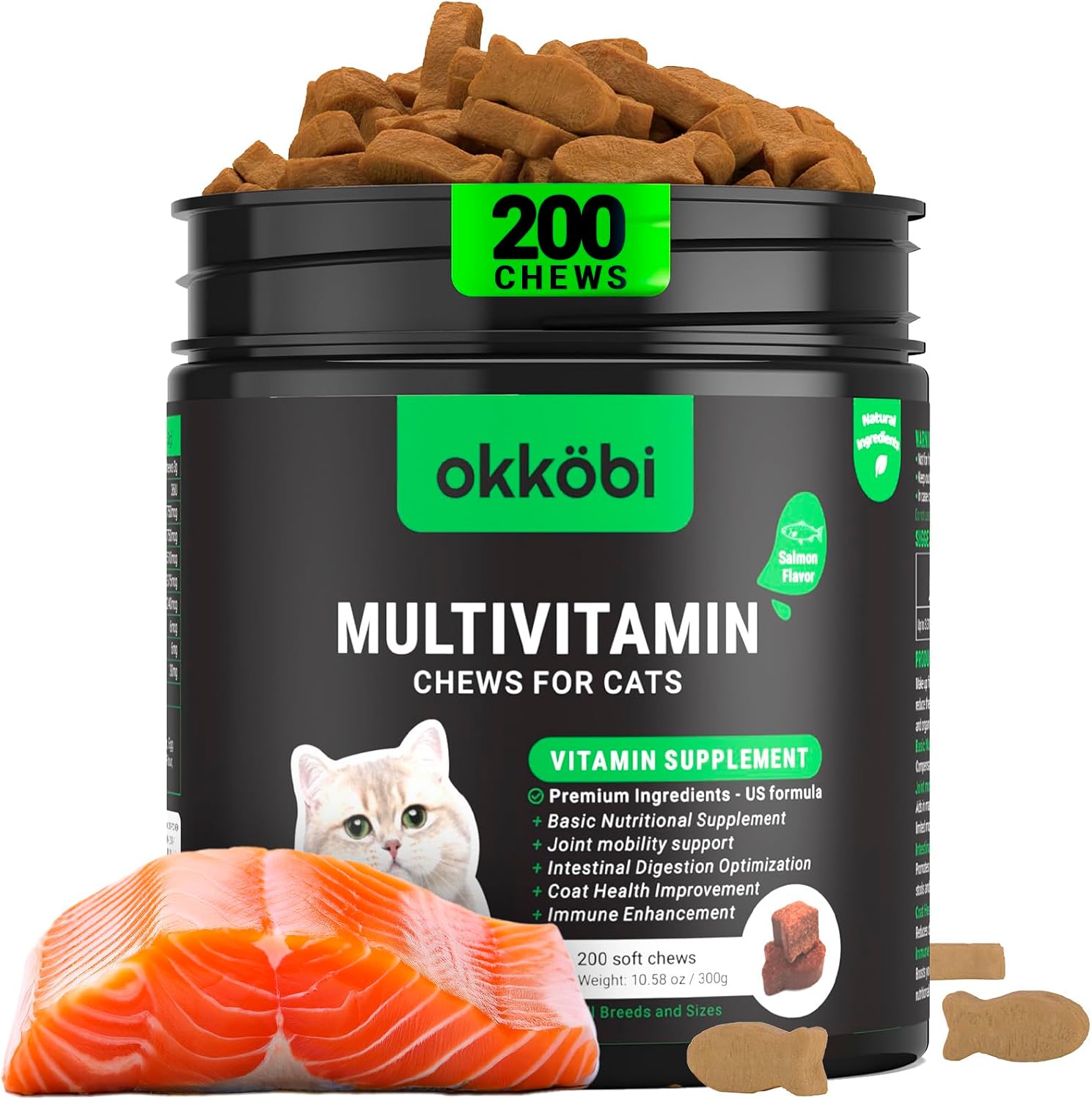 Okköbi Cat Multivitamin Chews front view packaging showcasing the 200 count container for pet health.